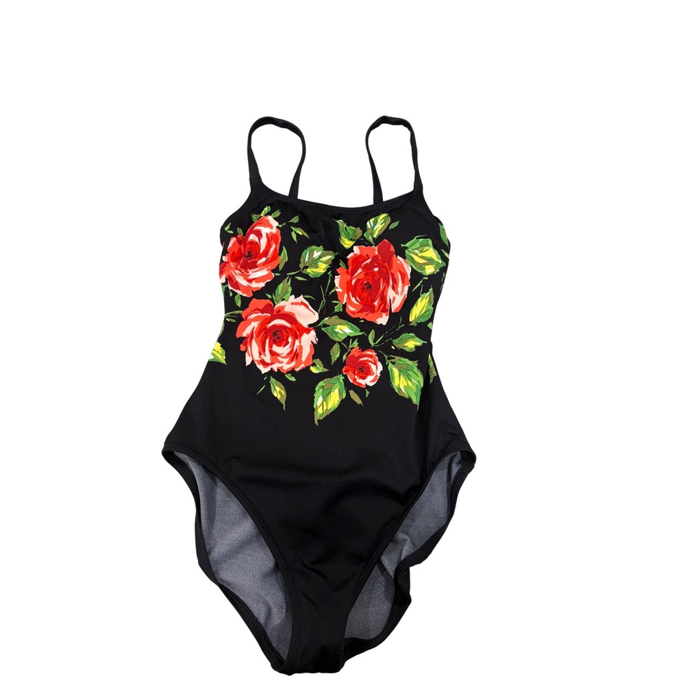 vtg 90s‎ Cole of California Swimsuit Black Rose One Piece Coquette Minimalist S